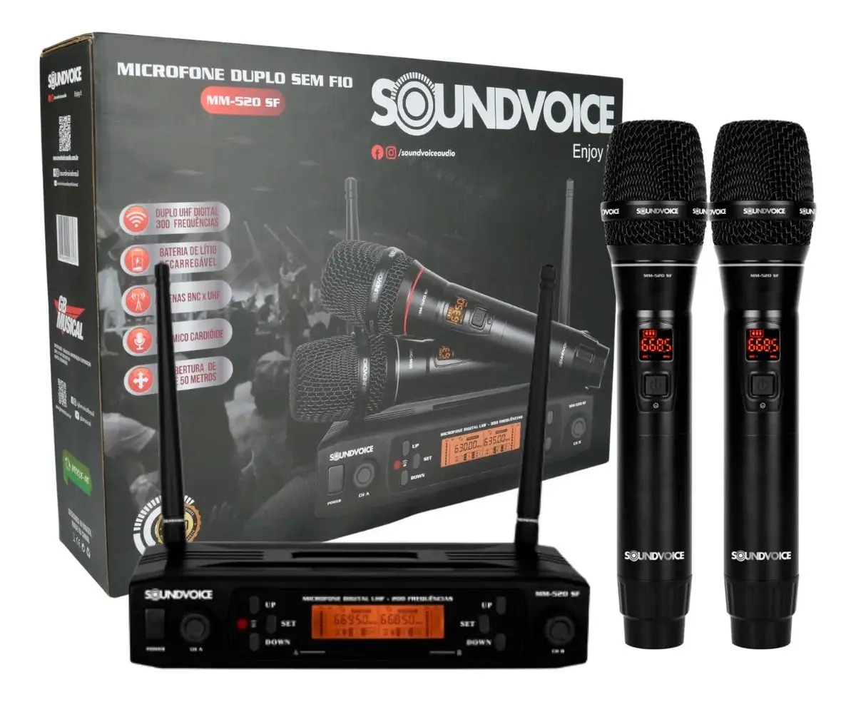 Microfone Sem Fio Duplo Soundvoice Mm-520sf profissional
