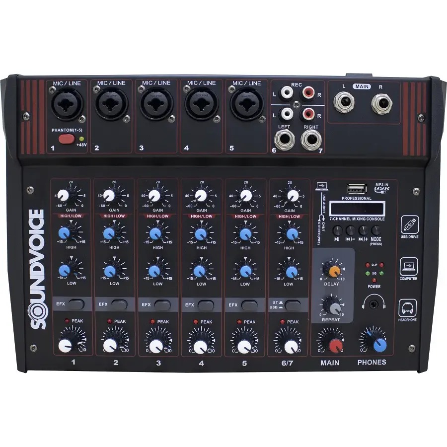 Mesa De Som Amplificada 300w Rms 7 Canais Soundvoice Ma-700